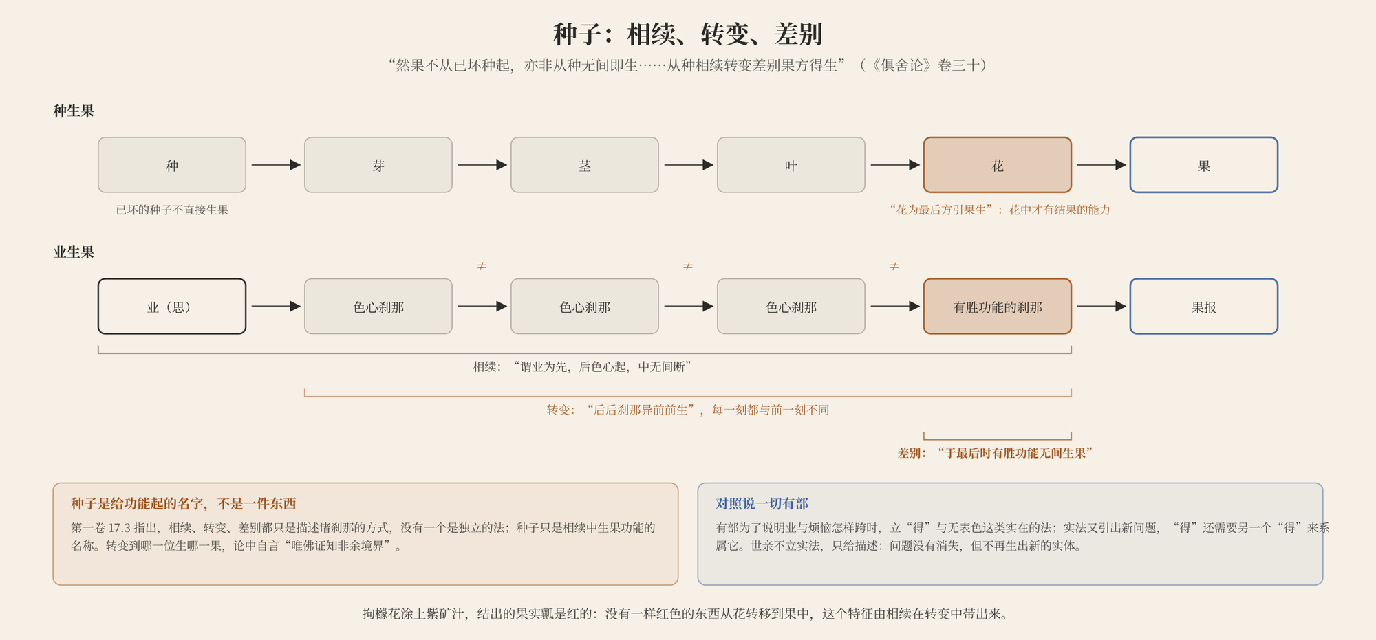 图三 种子:造业之后身心刹那相续,中无间断;后后刹那异于前前,名为转变;至某一刻具备直接生果的功能,名为差别。种子是给这个功能起的名字,正如没有一样红色的东西从涂了紫矿汁的花转移到果瓤里