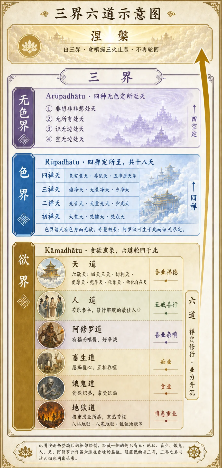 三界六道示意图：按论书整编后的框架绘制，经藏一侧的趣只有五