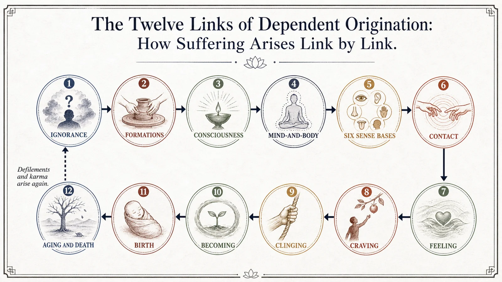 The twelve links of dependent origination: how suffering arises link by link
