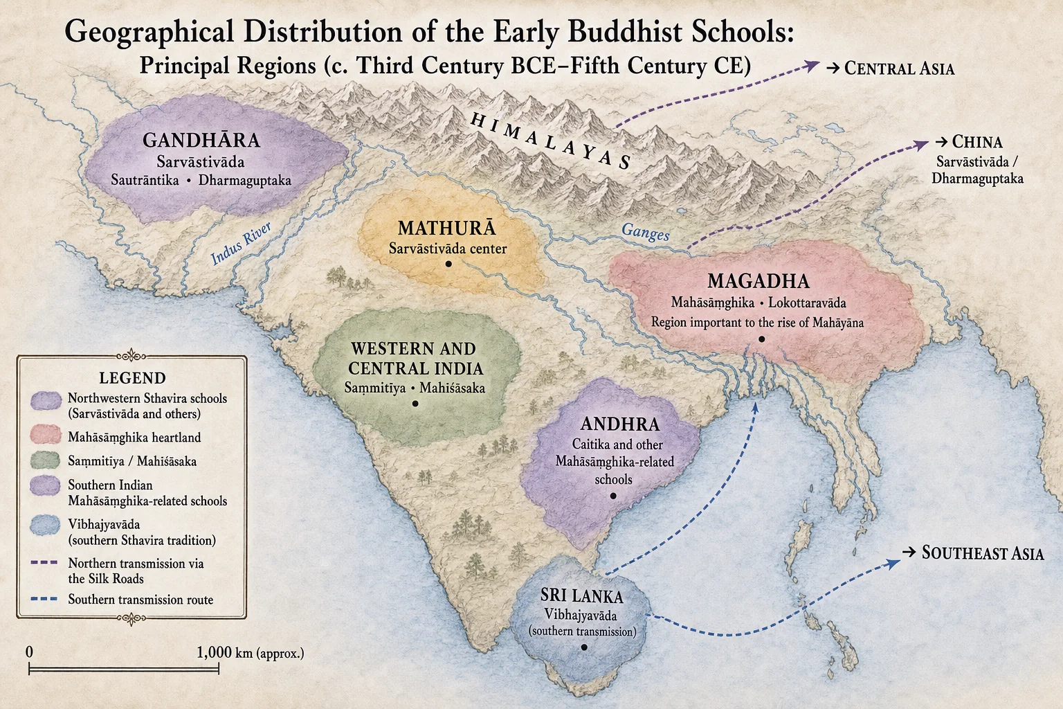 Geographical distribution of the schools: principal territories of each lineage
