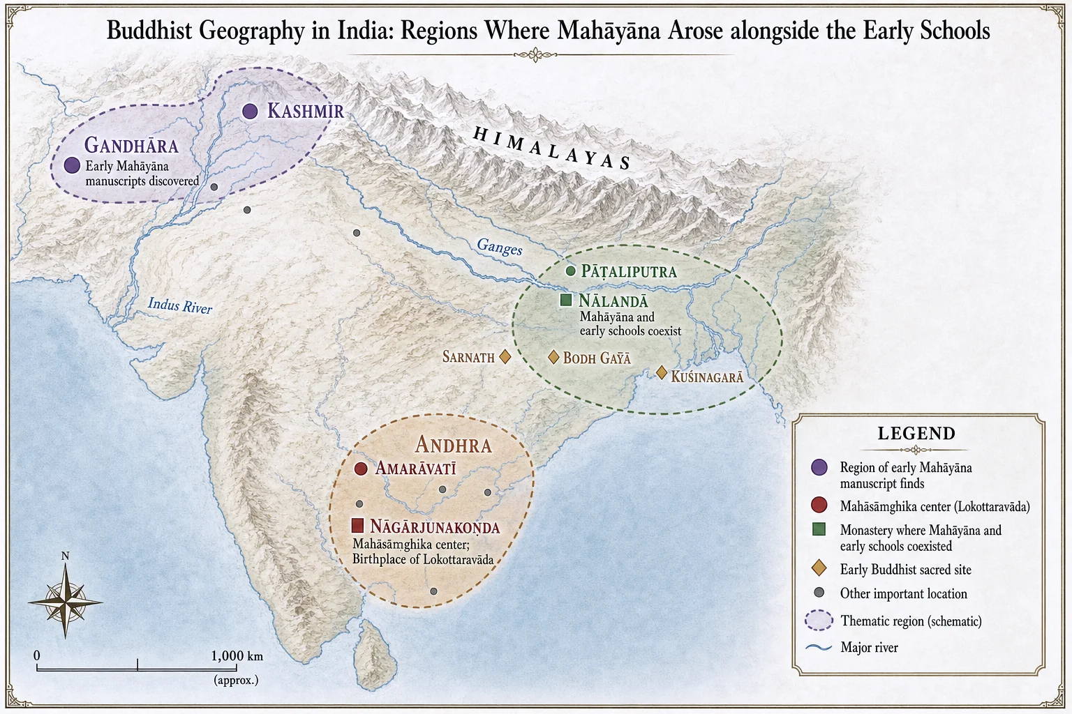 Buddhist geography in India: regions associated with Mahāyāna's rise and coexistence with the schools