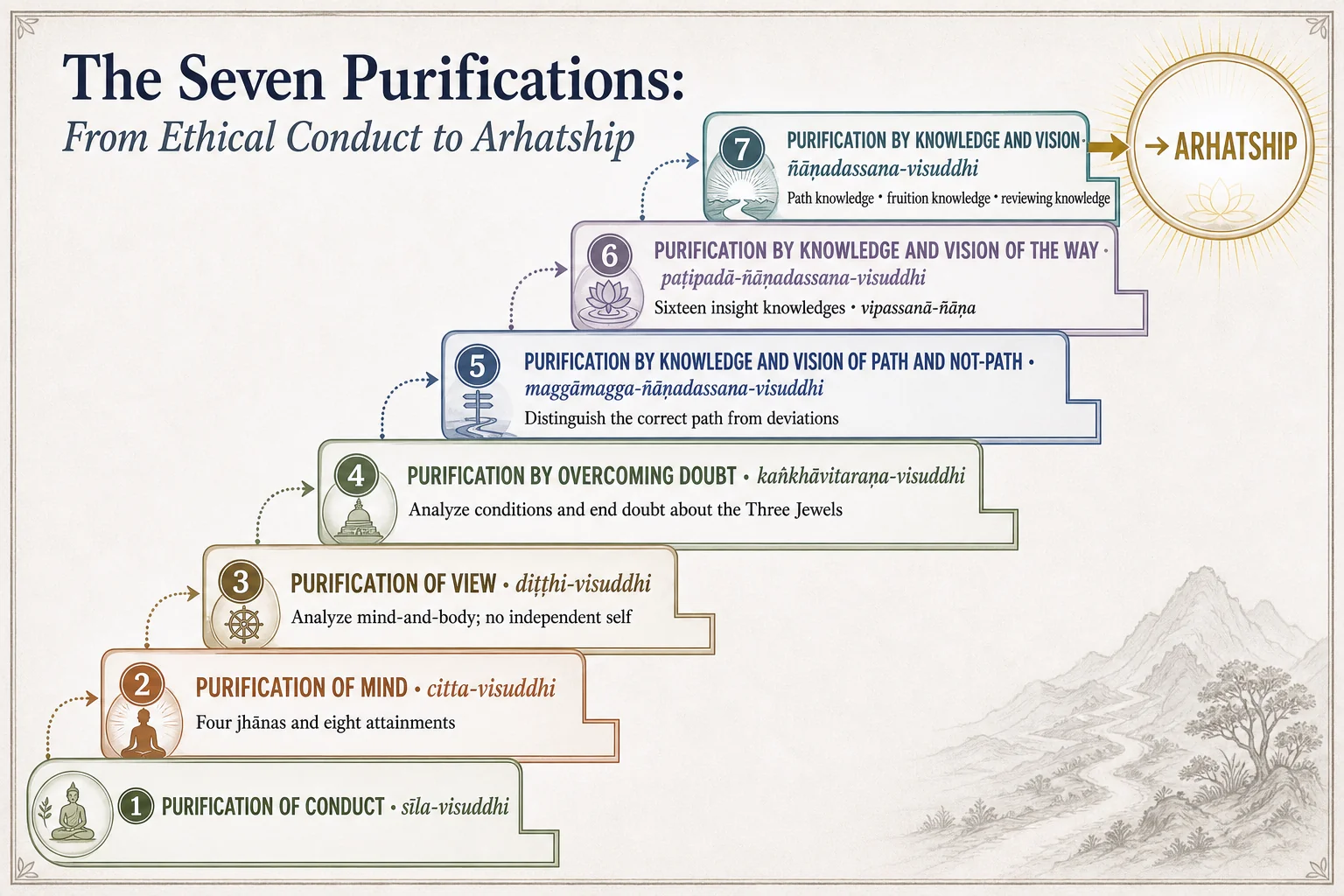 The seven purifications: from ethical conduct to arhatship