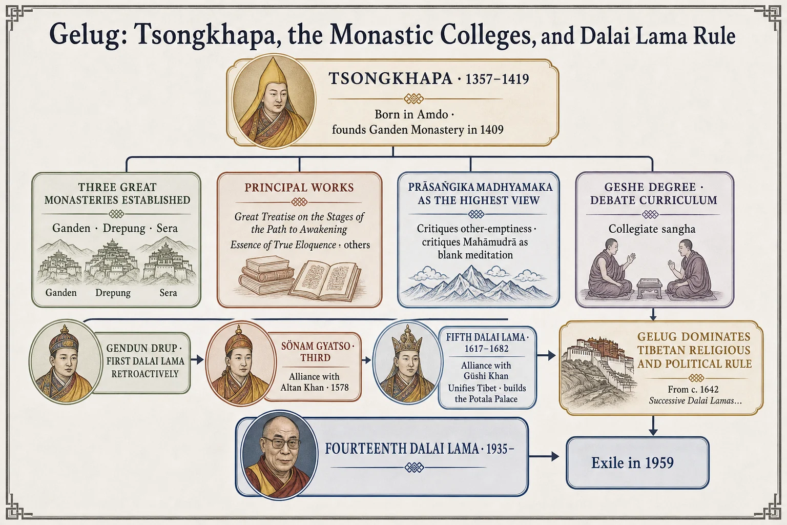 The Gelug school: Tsongkhapa, the monastic-college system, and the Dalai institution