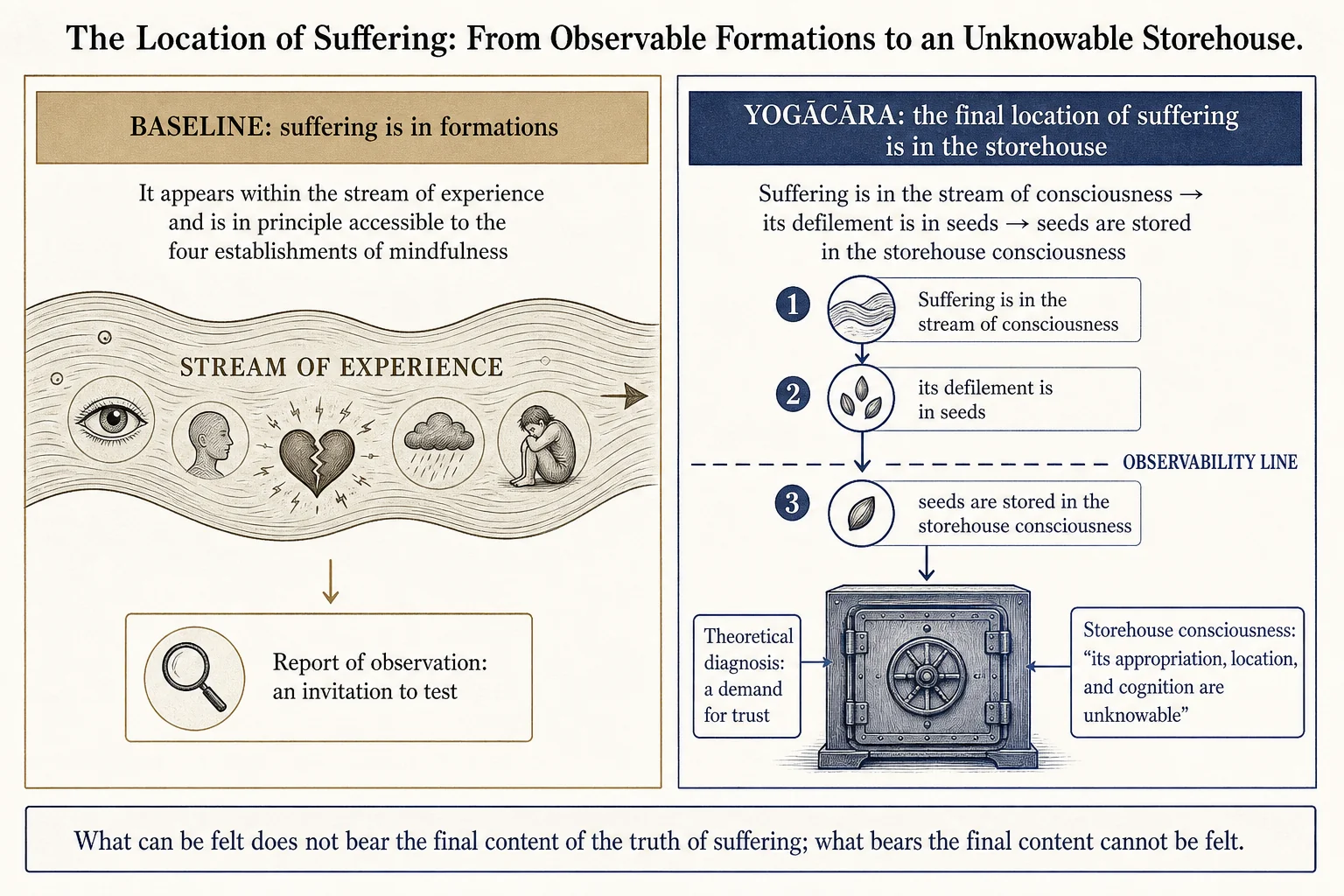 The location of suffering: from the observable stream of formations to an unknowable storehouse