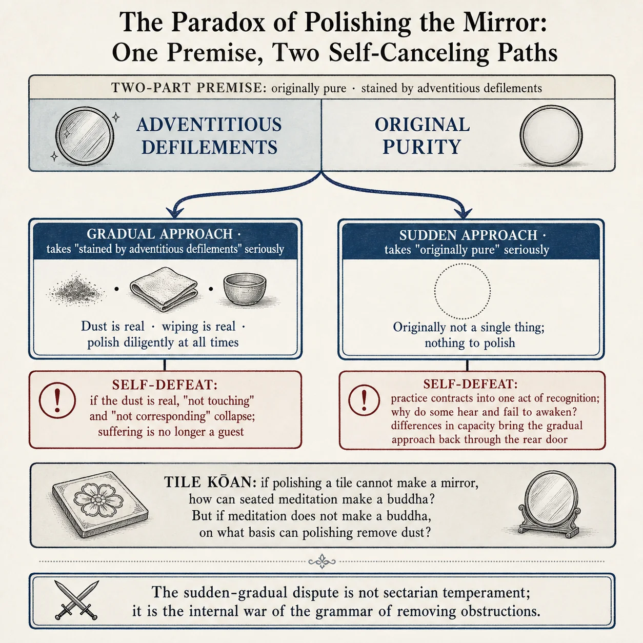 The paradox of polishing the mirror: one premise, two mutually canceling paths
