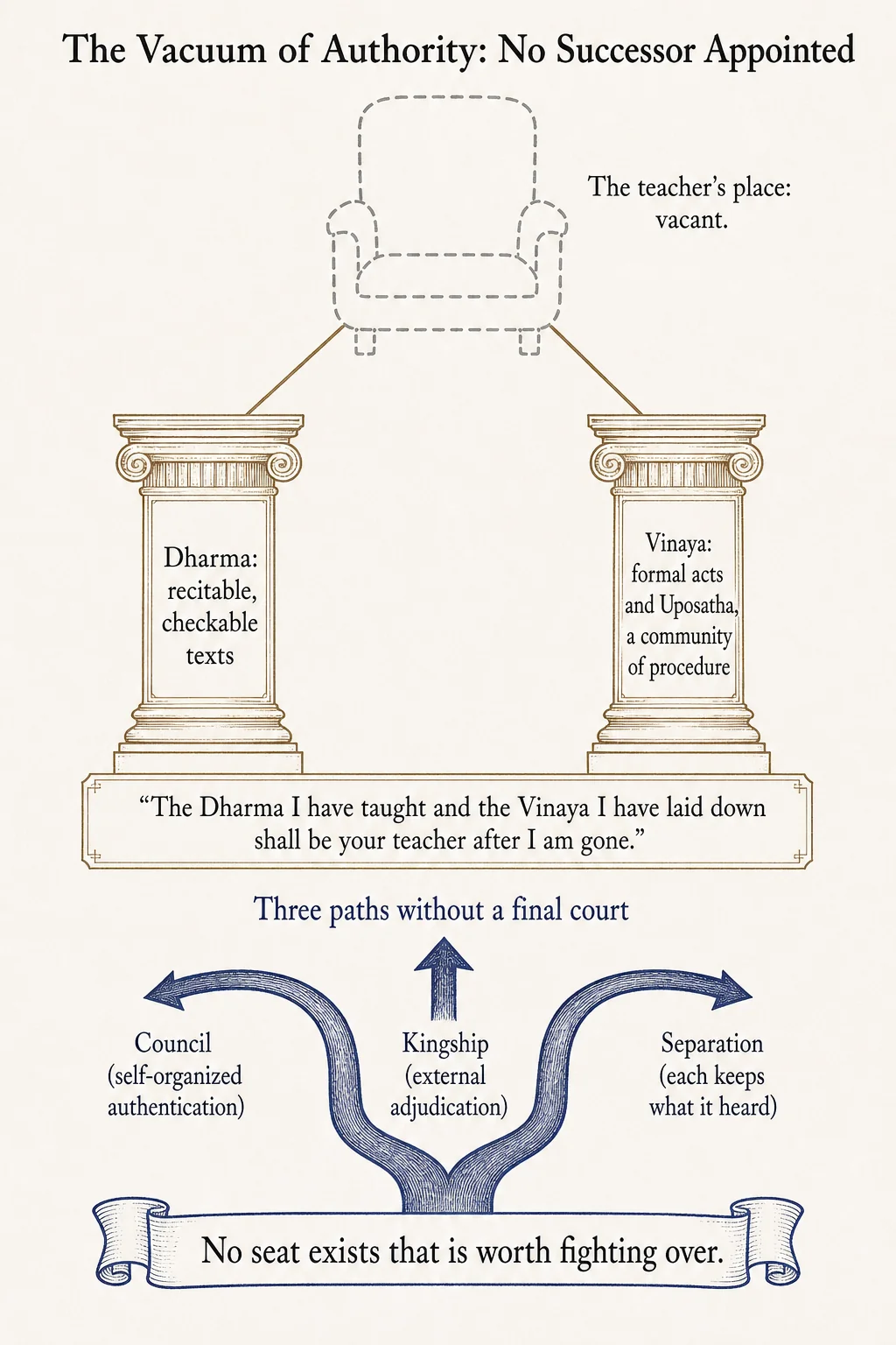 The Placement of Authority: An Empty Seat, Two Pillars, and Three Roads