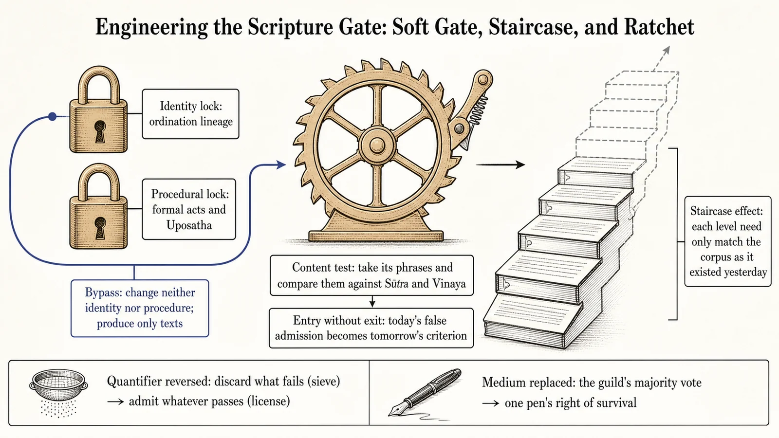 Engineering the Sūtra Gate: Soft Gate, Staircase, and Ratchet